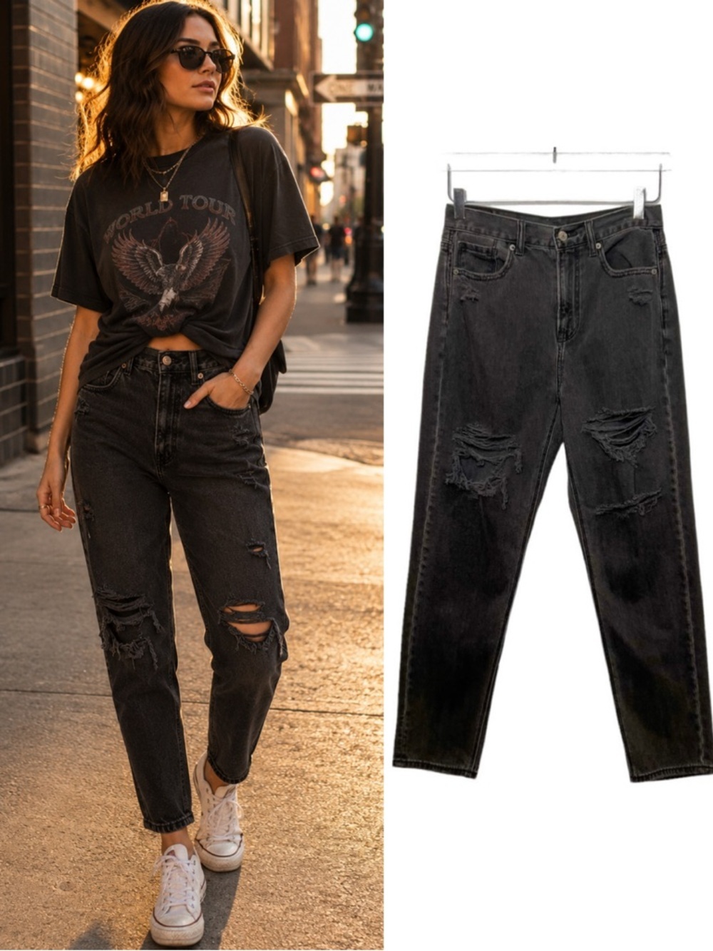 American Eagle High Rise Black Wash Distressed Mom Jeans Women’s Size 4